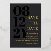 木炭と金ゴールドタイポグラフィ結婚式の日付を保存 箔招待状 (正面)