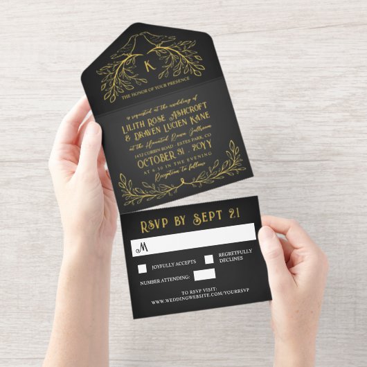 木炭と金ゴールドレイベンモノグラムゴシック結婚ズ オールインワン招待状 (切り取り部)