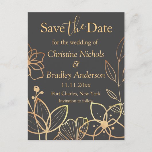 木炭と金ゴールド結婚式の日付を保存 ポストカード (正面)