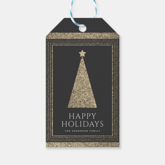 木炭と銅金ゴールドグリッタークリスマスツリー ギフトタグ (正面)