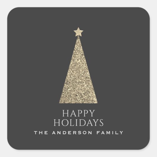木炭と銅金ゴールドグリッタークリスマスツリー スクエアシール (正面)