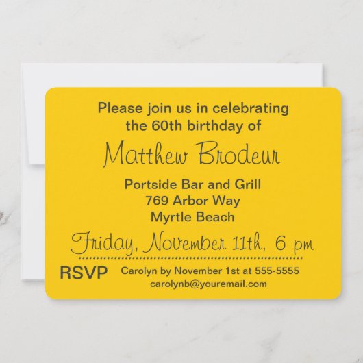 木炭と黄色のカスタム誕生日招待状 招待状 (裏面)