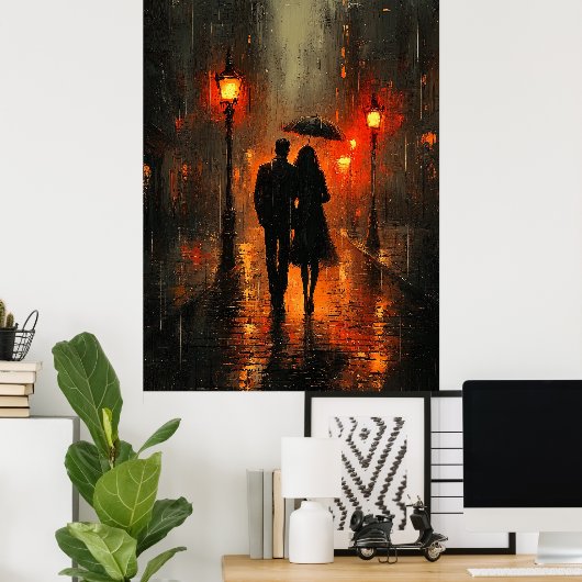 木炭のトーンでロマンチックな雨が散策 ポスター (ホームオフィス)