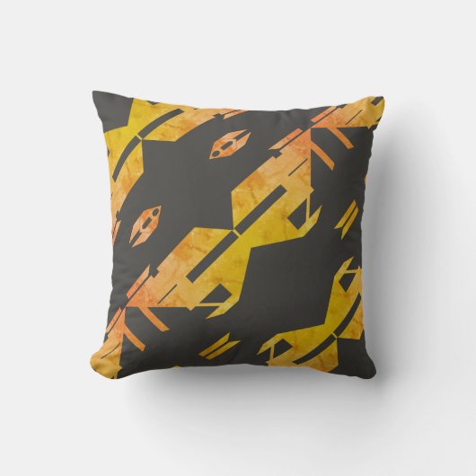 木炭の斜め金ゴールドにオレンジ色の斑入り抽象芸術 クッション (正面)