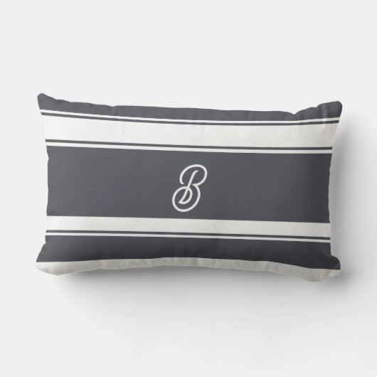 木炭グレーと白のパタストライプーンモノグラム ランバークッション (裏面)