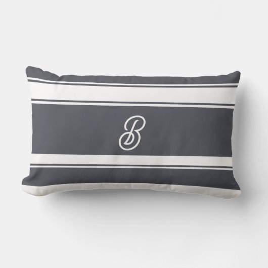木炭グレーと白のパタストライプーンモノグラム ランバークッション (正面)