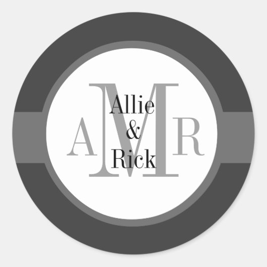 木炭グレーのモノグラム名結婚ズ ラウンドシール (正面)
