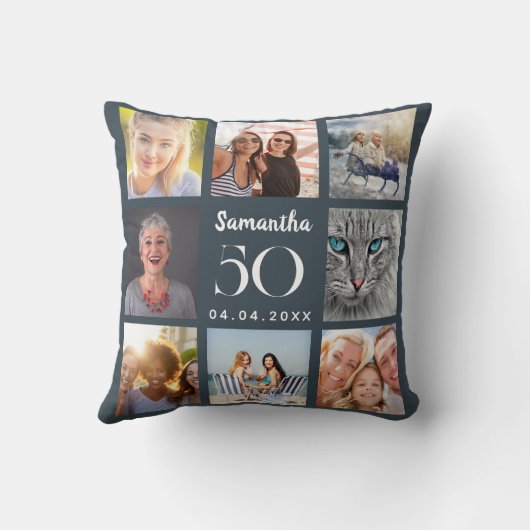 木炭グレーカスタムフォトコラージュ誕生日 クッション (裏面)