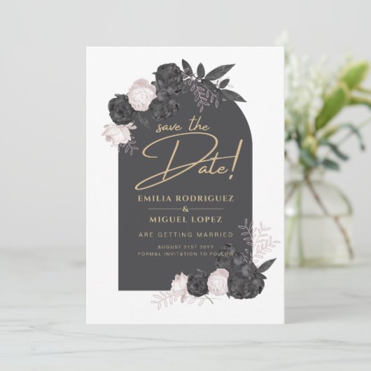 木炭グレーピンクローゼウディング日付を保存 招待状 (スタンド正面)