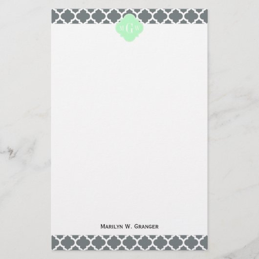 木炭グレーホワイトモロッコミント#5ミントネームモノグラム 便箋 (正面)