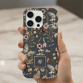 木炭グレー ワイルドフラワー フローラル モノグラム iPhone 15 PROケース