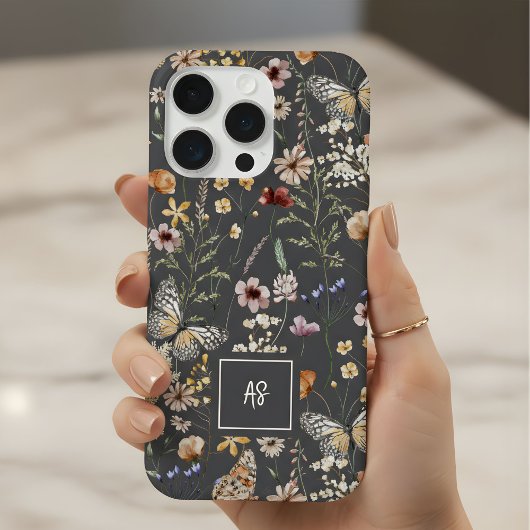 木炭グレー ワイルドフラワー フローラル モノグラム iPhoneケース