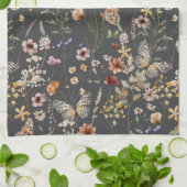 木炭グレー 水彩の野の花 キッチンタオル (折り畳み)