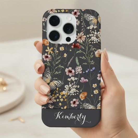 木炭グレー 水彩の野の花 パターン名  iPhoneケース