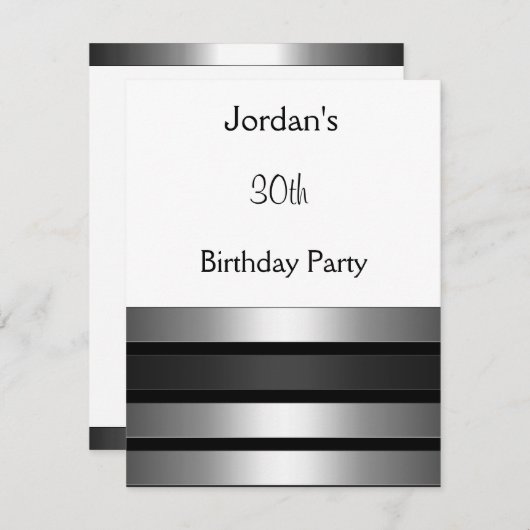 木炭シルバーストライプパーティーホワイト30th誕生日 招待状 (正面/裏面)