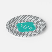 木炭シンシェブロンティール（緑がかった色）クローバー3モノグラム ペーパープレート (アングル)