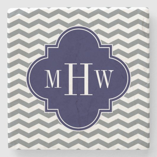 木炭シンシェブロンネイビークローバー3モノグラム ストーンコースター (正面)