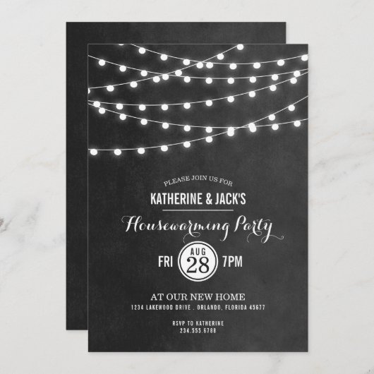 木炭ストリングライト引っ越し祝いパーティーパーティー招待状 招待状 (正面/裏面)
