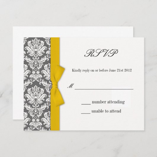 木炭ダマスクイエローボウ結婚の応答カード 出欠カード (正面/裏面)