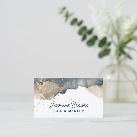 木炭ティール（緑がかった色）と金ゴールド水彩 名刺 (スタンド正面)