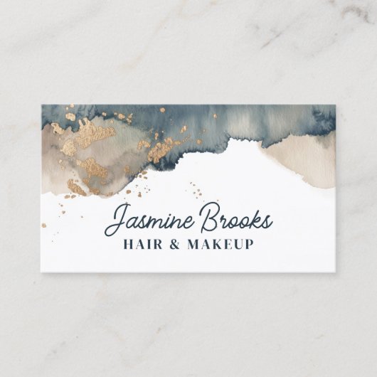 木炭ティール（緑がかった色）と金ゴールド水彩 名刺 (正面)