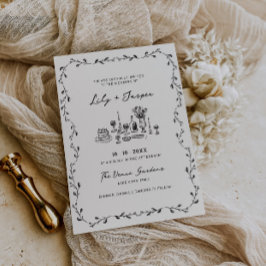 木炭ハンドドローつる植物結婚ズ 招待状