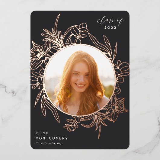 木炭フローラフォイル写真卒業のお知らせ 箔招待状 (正面)