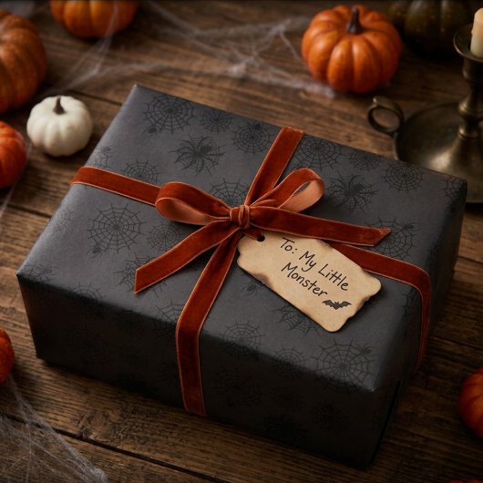 木炭ブラックのクモの巣ハロウィン ラッピングペーパー
