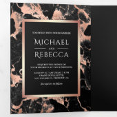 木炭ブラックマーブルバラゴールドフォイル結婚フォト 三つ折り招待状 (内部最初)