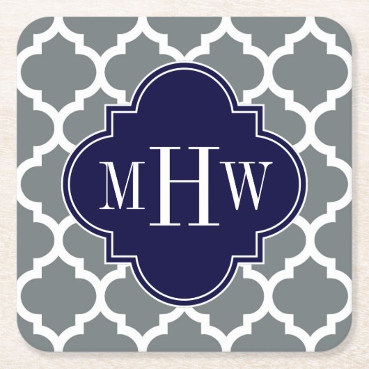 木炭ホワイトモロッコ#5海軍3イニシャルモノグラム スクエアペーパーコースター (正面)