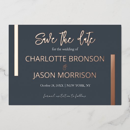 木炭ミニマルライン結婚式の日付の保存 箔招待状 (正面)