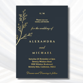 木炭モノグラムボタニカルミニマル金ゴールド 箔招待状