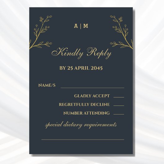 木炭モノグラム植物結婚式RSVPカード 出欠カード