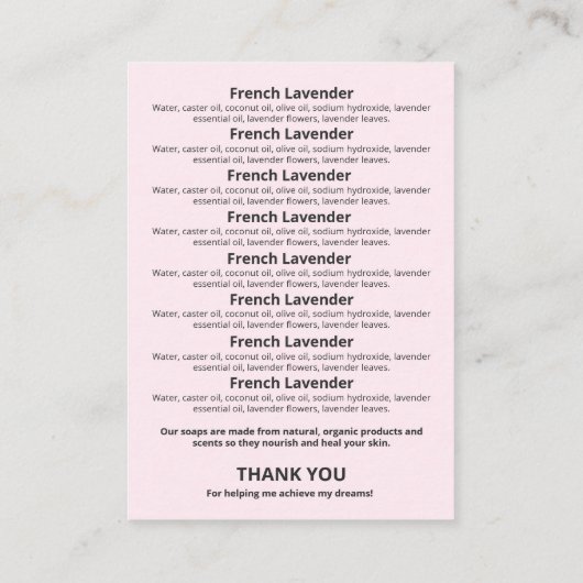 木炭赤面ピンク石鹸の香りの成分リスト 名刺 (裏面)