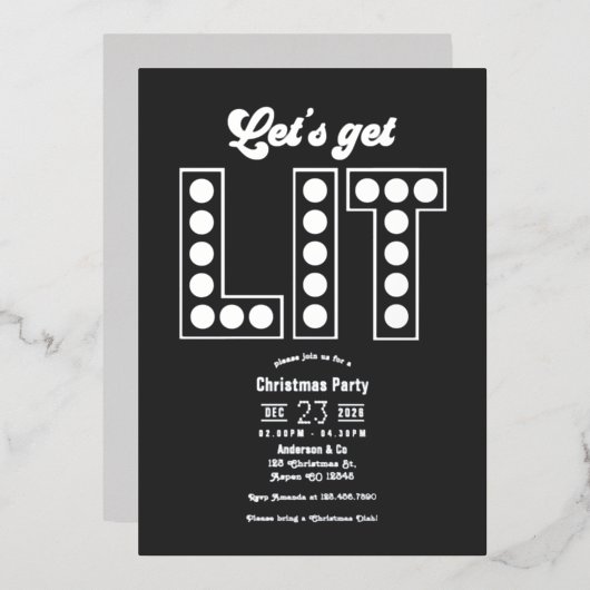 木炭輝くレトロクリスマスパーティー Let's Get Lit 箔招待状 (正面/裏面)