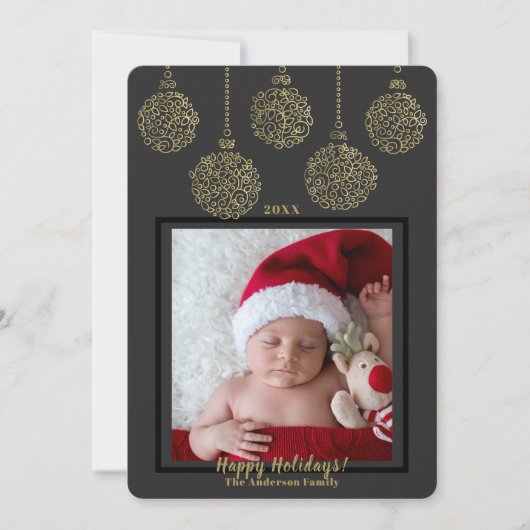 木炭金ゴールドモダンオーナメントホリデーフォト#2 招待状 (正面)