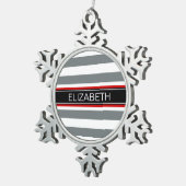 木炭Wt Horz名門私立校風のストライプブラックネームモノグラム スノーフレークピューターオーナメント (右)