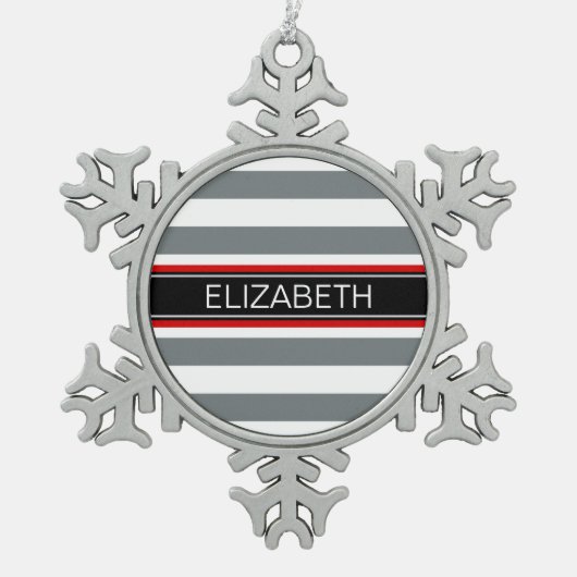 木炭Wt Horz名門私立校風のストライプブラックネームモノグラム スノーフレークピューターオーナメント (正面)