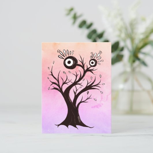 木熱狂する生き物インクアートピンクファンタジー ポストカード (スタンド正面)