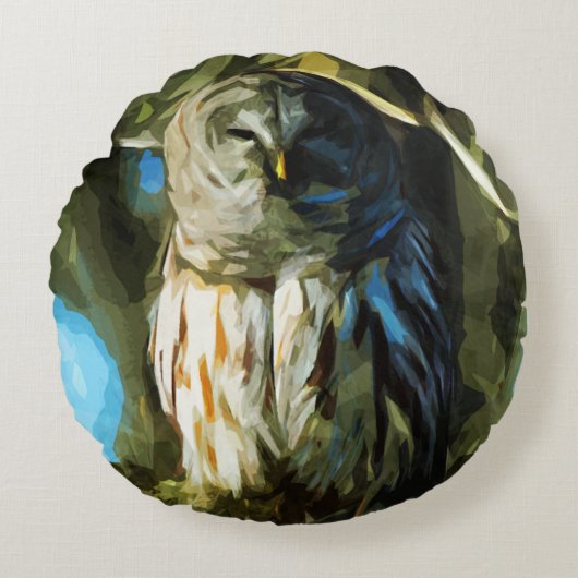 木版フクロウ印象抽象芸術 ラウンドクッション (正面)