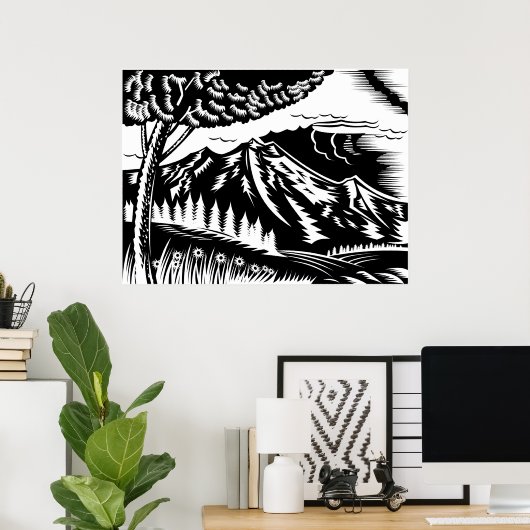 木版木を背景に山を持つ木 ポスター (ホームオフィス)
