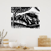 木版木を背景に山を持つ木 ポスター (キッチン)