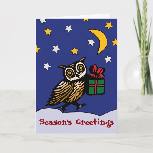 木版画のフクロウ プレゼントを添えて 雪の夜 冬のホリデー シーズンカード (正面)