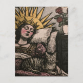 木版画の美しい眠れる女王と彼女の猫 ポストカード (正面)