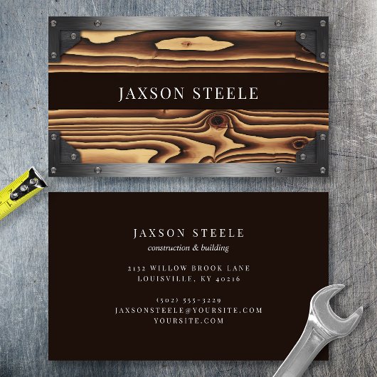 木目とリベット留めされた金属の構造 名刺