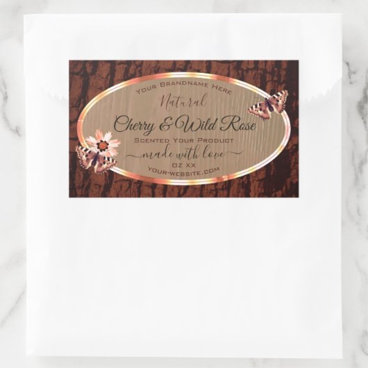 木目と木の樹皮の製品ラベルがバターフィズ 長方形シール (バッグ)