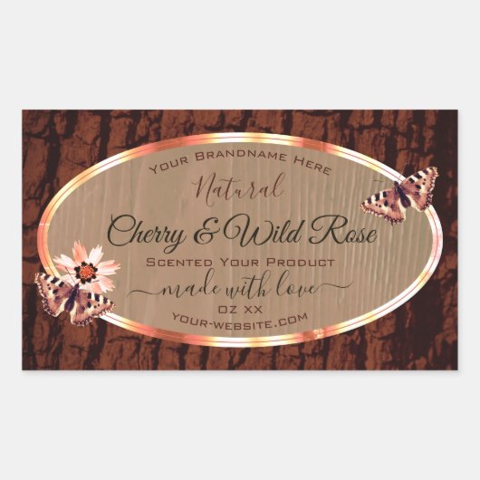 木目と木の樹皮の製品ラベルがバターフィズ 長方形シール (正面)