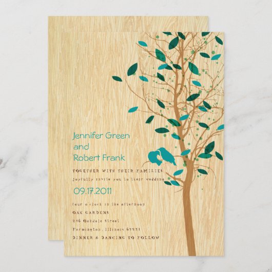 木目と青い恋の鳥が木の招待状 招待状 (正面/裏面)