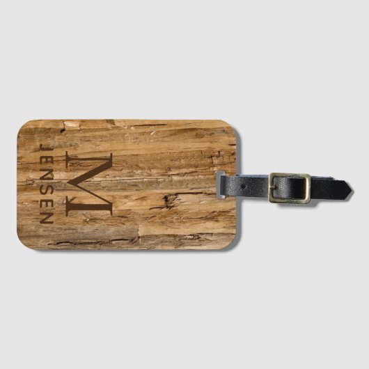 木目のテクスチャモダンモノグラパーソナライズされたム名 ラゲッジタグ (正面横)