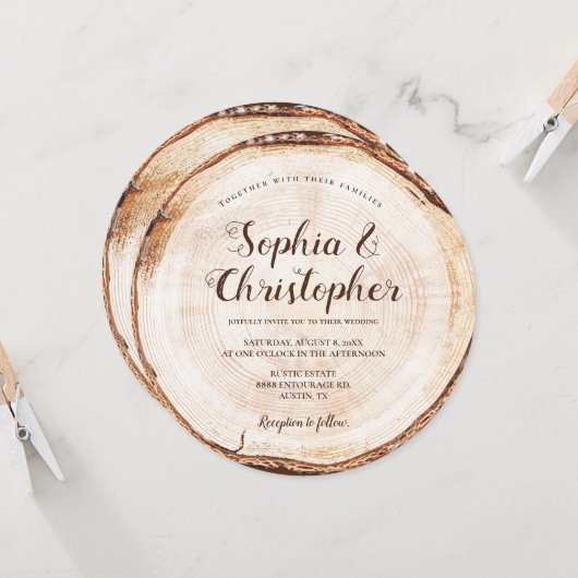 木目の切り目のスクリプト名素朴結婚の値 招待状 (正面/裏面インサイチュ)